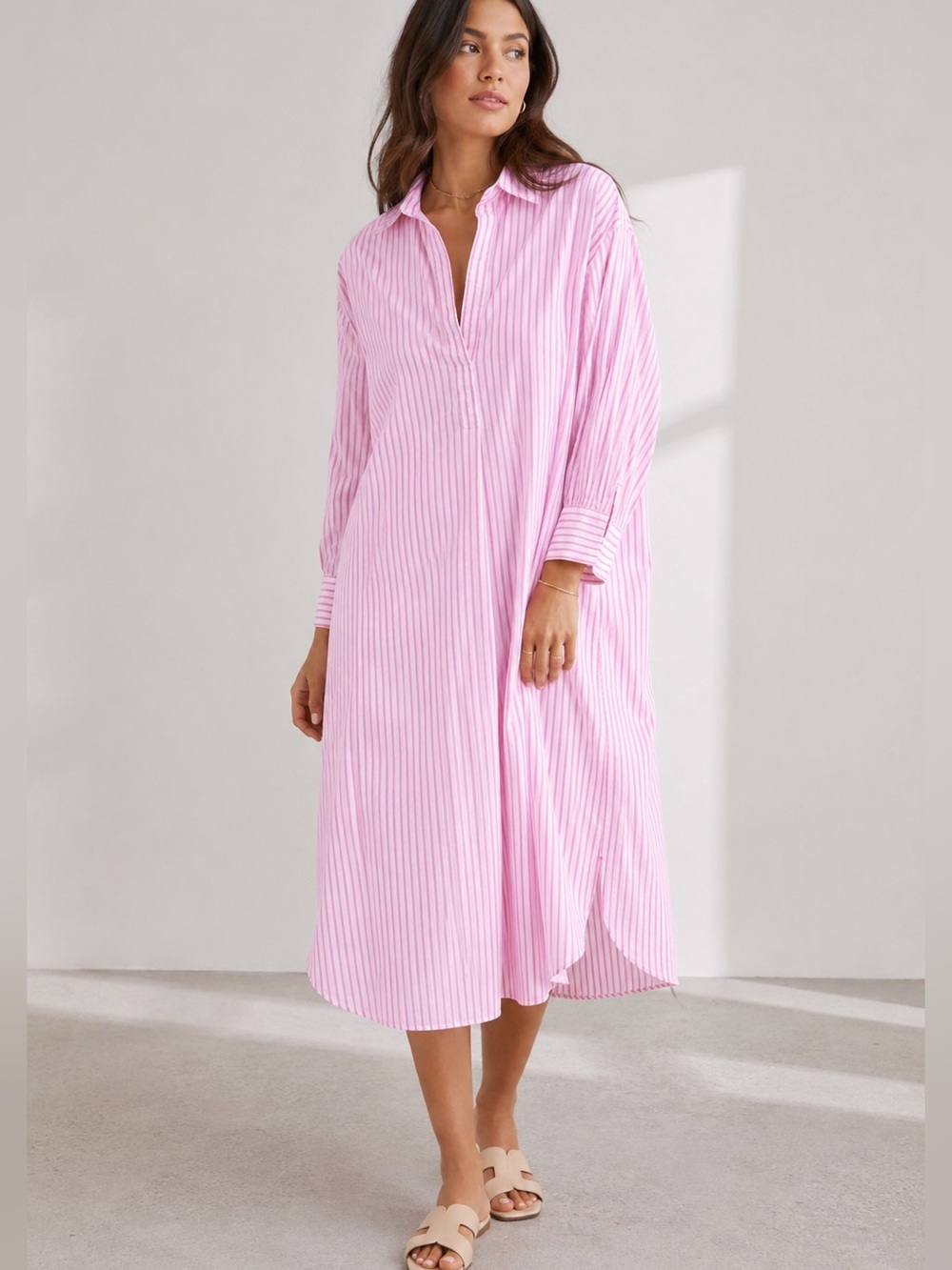 Xirena Stripe Midi Shirt Dress Women’s Medium Long Sleeve Relaxed Boho B15